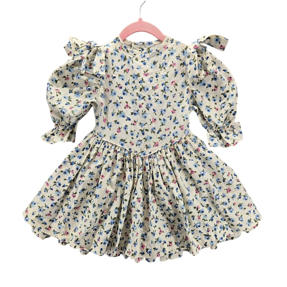 Vtg Little Star Girls Floral Puff Sleeve Dress Bow Blue Pink Cotton USA Easter 4